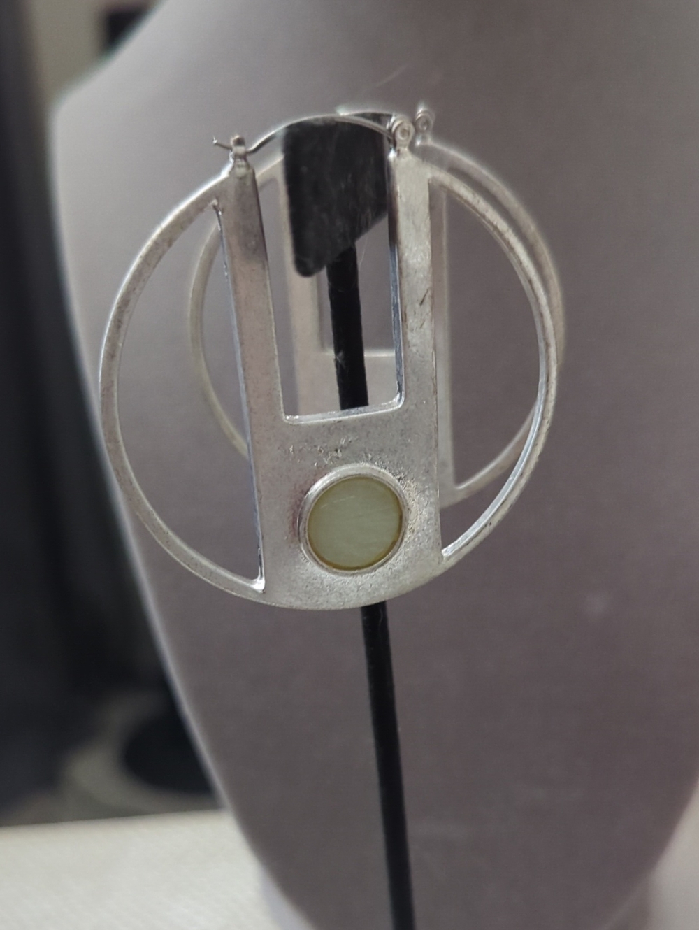 Sterling Silver Geometric Hoop Earrings with Cream Stone